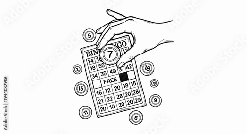 Hand placing a numbered token on a bingo card, surrounded by scattered numbered tokens