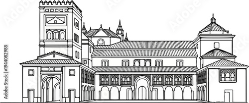 Ornate classical building with arched courtyards and a prominent tower