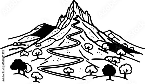 Winding path climbs a stark mountain peak with scattered trees and hills