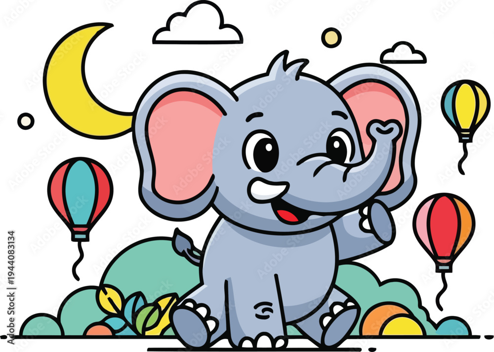 Naklejka premium Cute sitting baby elephant with balloons and plants outline vector