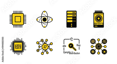Set of 8 Yellow and Black Technology Data Vector Icons
