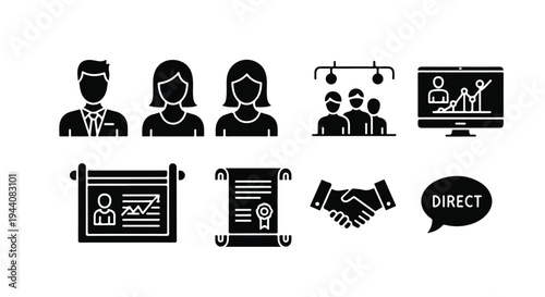 Set of 8 Black Business and Marketing Glyph Icons Vector