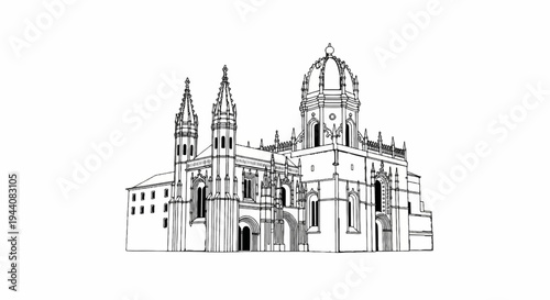 Ornate Gothic cathedral sketch with domed central tower and spired towers