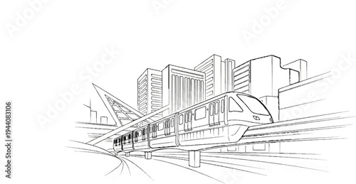 Sketch of a modern monorail train moving past city buildings