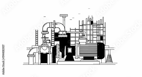 Detailed illustration of industrial pump with piping, motor, and structural elements