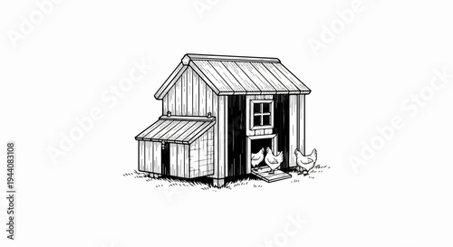 Detailed ink sketch of a wooden coop with attached nesting box and chickens