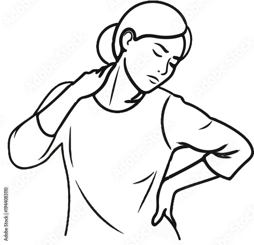 Woman with pain in neck and back, head bowed, eyes closed, holding neck