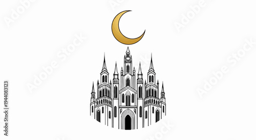 Ornate Gothic building with pointed spires beneath a golden crescent moon