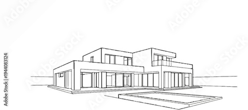 Sketch of a modern, multi-story house with a swimming pool