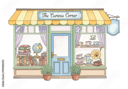 Charming storefront illustration of 'The Curious Corner' bookshop with vintage items
