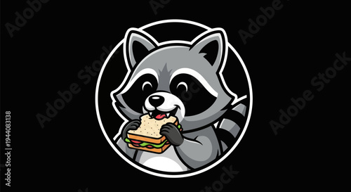 Cartoon raccoon eating sandwich on black