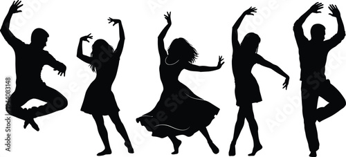 Dancing people silhouette collection, men and women performing expressive dance poses, music party celebration concept with energetic movements