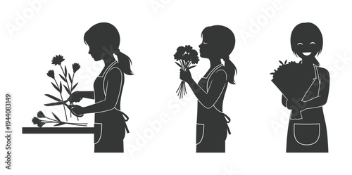 Woman With Flowers Silhouette Set — Gardening, Smelling and Holding Bouquet Poses