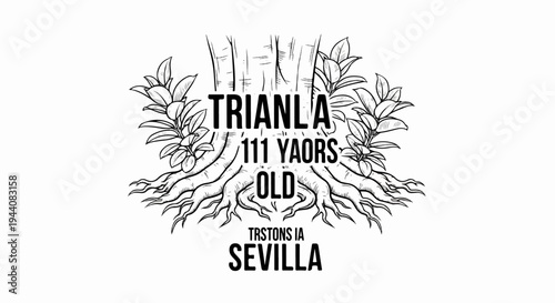 Sketch of a tree trunk with exposed roots and foliage, celebrating 111 years