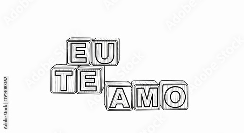 Wooden alphabet blocks spell out a declaration of affection in a simple line drawing