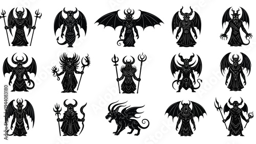 Historical and mythical creatures depicted in intricate black and white silhouettes Vector