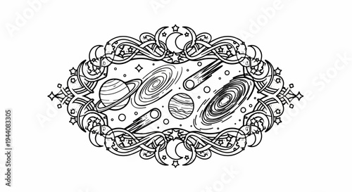 Ornate oval frame with celestial bodies planets, galaxies, moons, and stars
