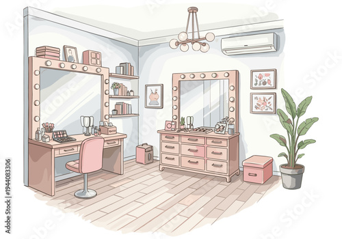 Charming dressing room with vanity mirrors, makeup stations, and a lush green plant