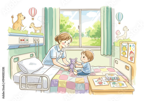 Nurse comforting a child patient with a stuffed animal in a bright hospital room