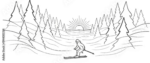 Skier descends a snowy slope surrounded by pine trees at sunrise