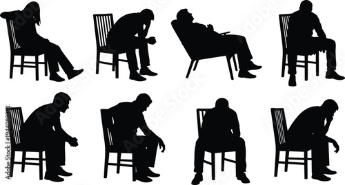 Depressed people sitting silhouettes collection, sad men and woman on chair emotional stress thinking poses isolated black vector illustration