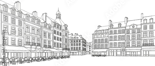 Historic European square with ornate buildings, outdoor cafes, and rooftops