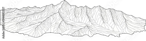 Detailed line drawing depicts a majestic mountain range with jagged peaks and deep valleys