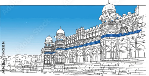 Ornate palace with domes and arches under a blue gradient sky