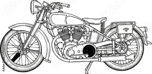 Detailed line art of a vintage motorcycle with a robust engine and chrome accents
