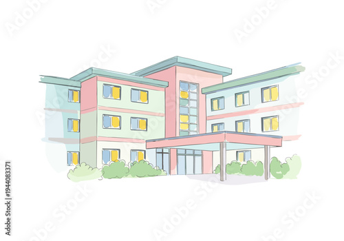 Modern multi-story building with a covered entrance and surrounding green bushes, hand-drawn style