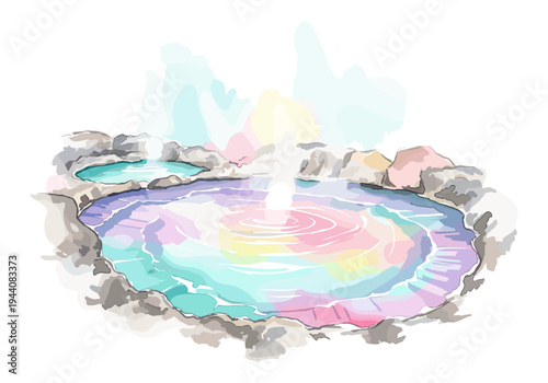 Colorful hot springs with steam rising from the water and surrounded by rocks