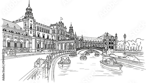 Ornate riverside buildings with arched walkways and small boats on a canal
