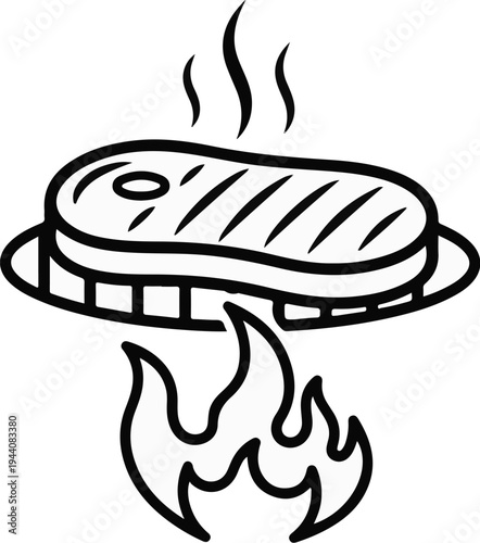 Icon of a steak cooking on a grill with flames and steam rising