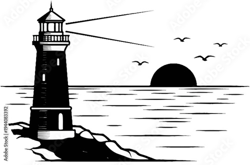 Iconic lighthouse stands guard over the ocean as sun sets, with birds overhead