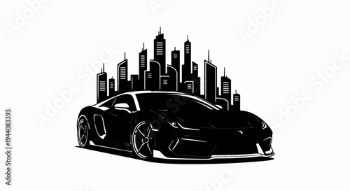 Sleek black sports car in front of a stylized cityscape silhouette