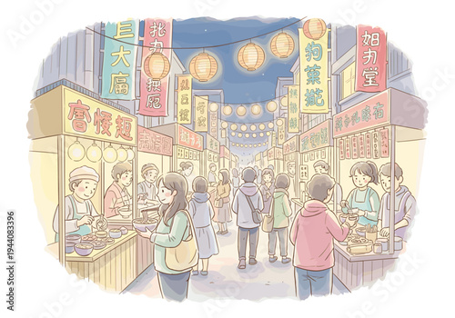 Vibrant night market scene with people enjoying street food and shopping under lanterns