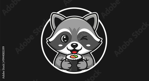 Cartoon raccoon enjoying sushi on black
