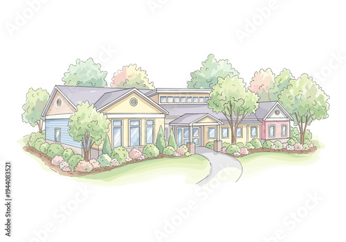 Charming illustration of a modern suburban house with a welcoming entrance and lush landscaping