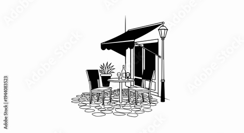 Outdoor cafe seating with awning, street lamp, wine bottle, and potted plant