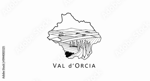 Stylized outline of a landscape with rolling hills, fields, and trees