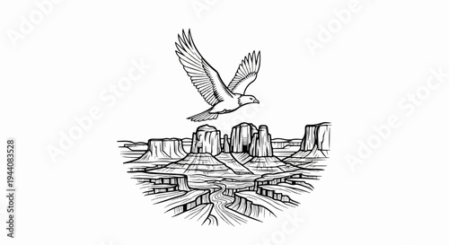 Soaring eagle above vast canyons and mesas in a striking black and white sketch