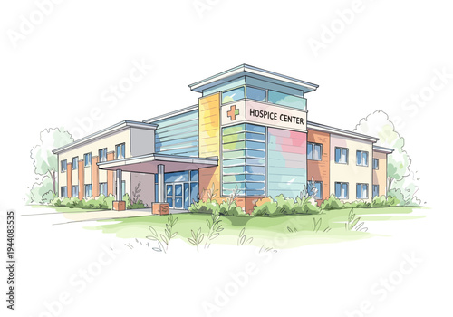 Modern hospice center building with colorful accents and lush green landscaping