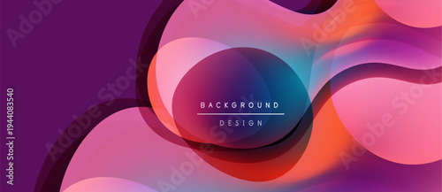 Abstract fluid shapes blend, creating vibrant purple, pink, orange gradients. Modern design emphasizes smooth transitions, dynamic composition.