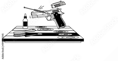 Illustration of a handgun disassembled for cleaning with cleaning supplies