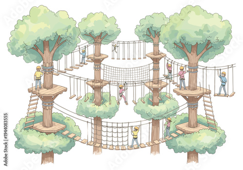 Children enjoying an adventure park with rope bridges and ziplines between trees