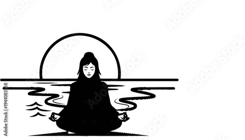 Solitary figure meditates by tranquil water under a minimalist sun