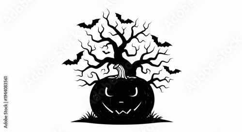 Spooky carved pumpkin with bats flying around a bare tree