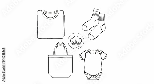 Outline illustrations of cotton clothing items folded t-shirt, baby onesie, socks, tote bag, and cotton boll