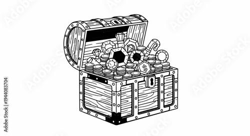 Overflowing treasure chest filled with coins, jewels, and unique gems