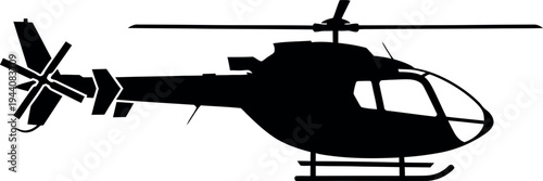Black helicopter silhouette with rotor blades and skids on white background aircraft